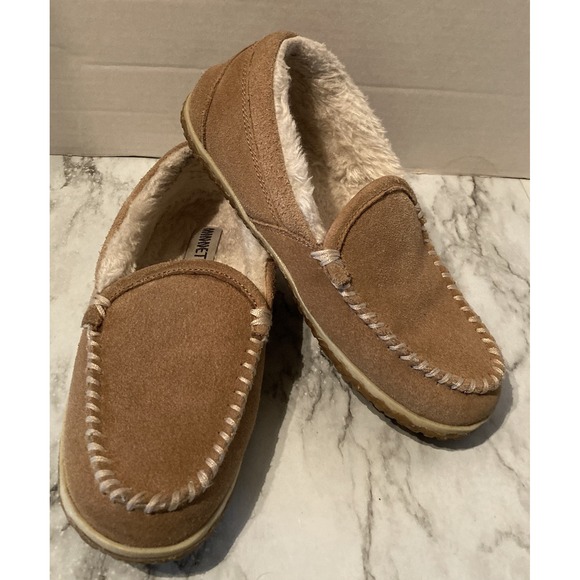MINNETONKA Moccasins Women Slipper Sz 7 Tan Leather Sherling Fur Lined Hard Sole - Picture 1 of 10